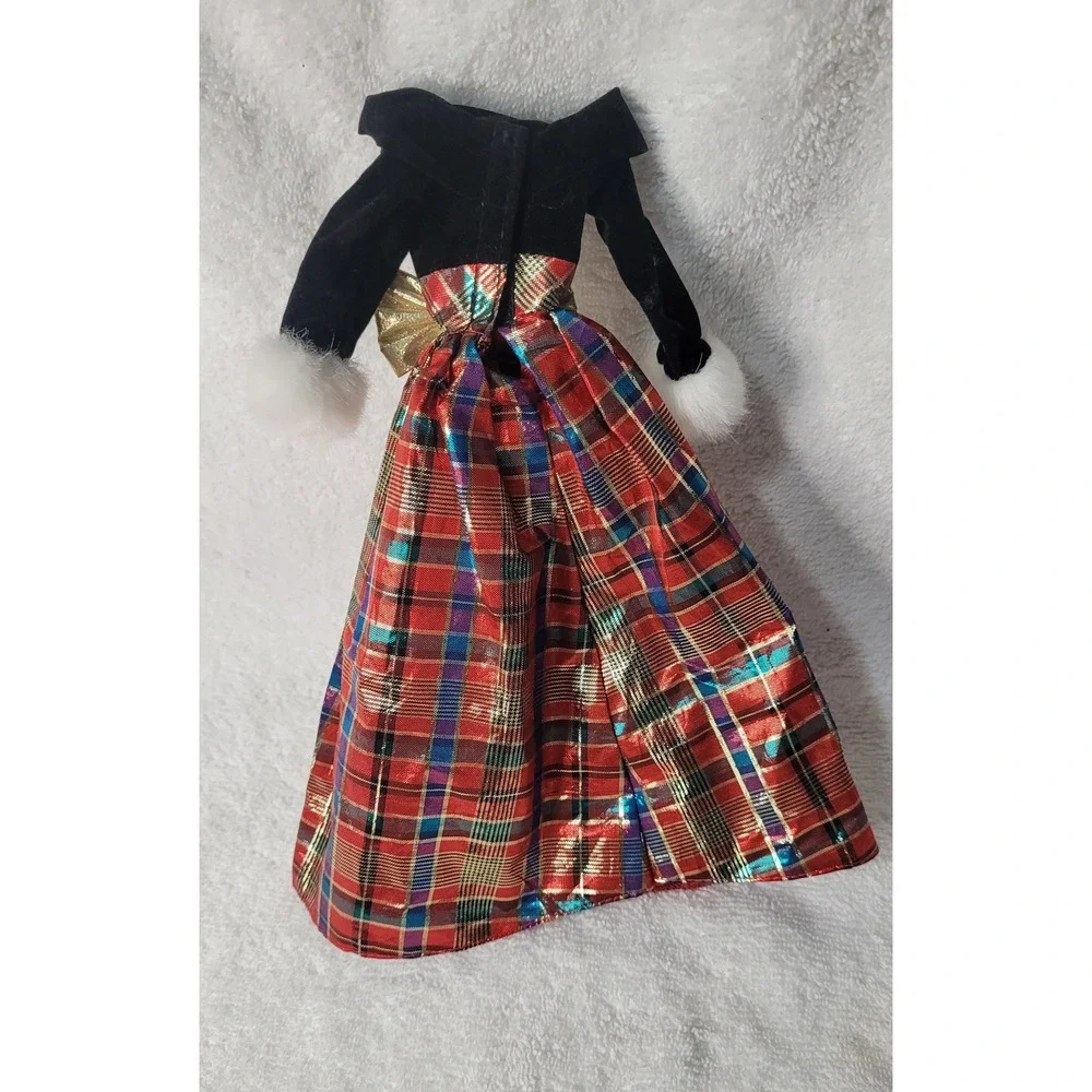 Holiday Doll Gown Black Velvet Red Metallic Plaid Gold Bow Christmas Outfit